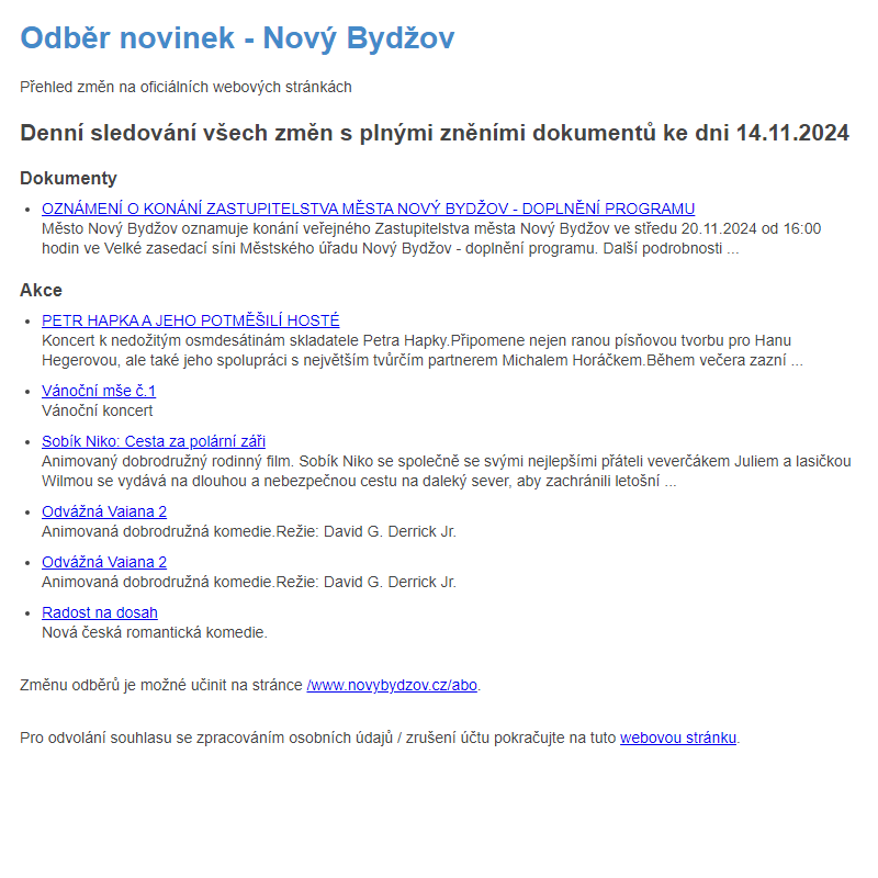 Odběr novinek ze dne 14.11.2024