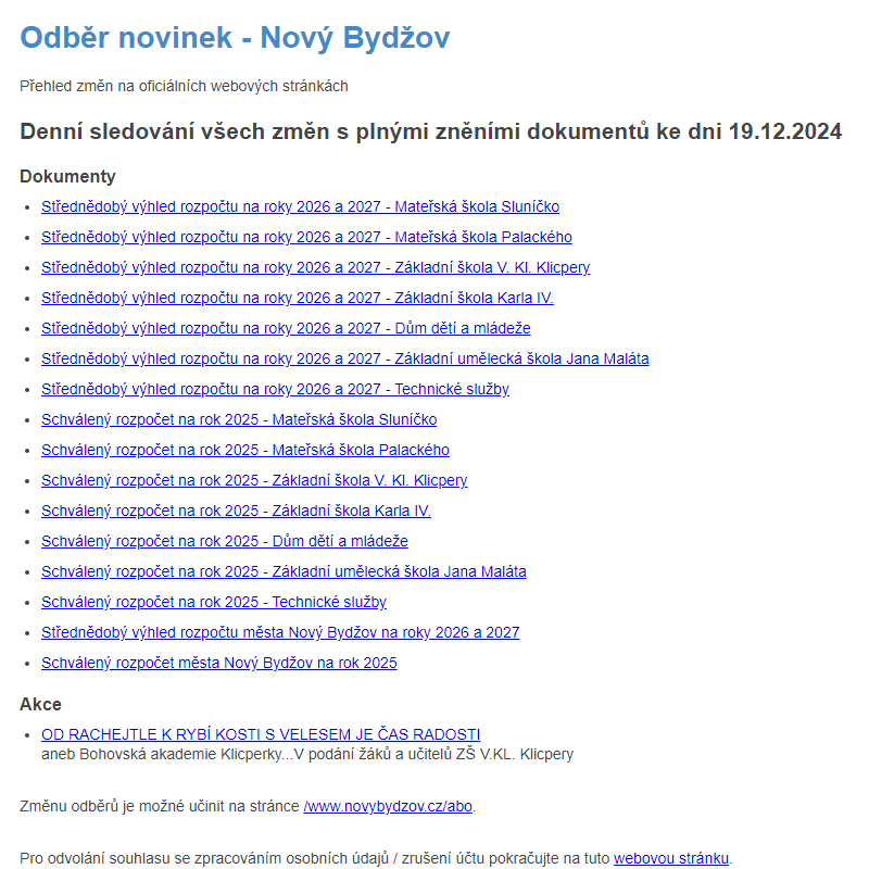 Odběr novinek ze dne 19.12.2024