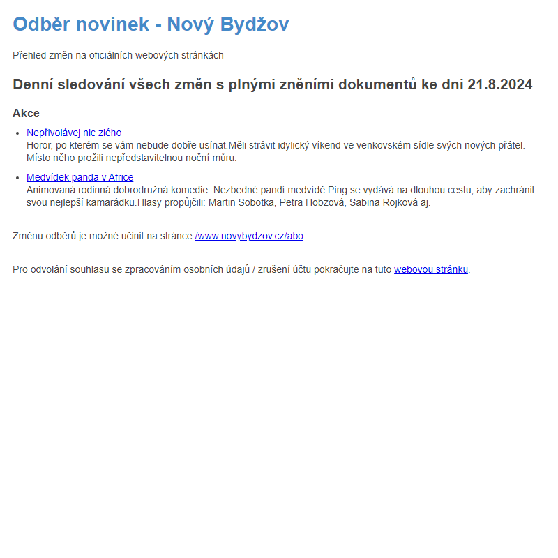 Odběr novinek ze dne 21.8.2024