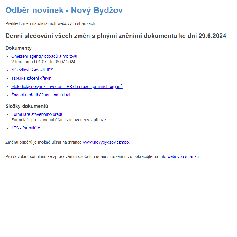 Odběr novinek ze dne 29.6.2024