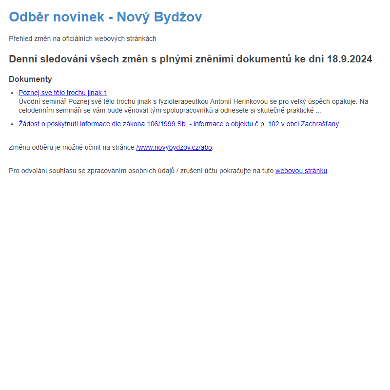 Odběr novinek ze dne 18.9.2024