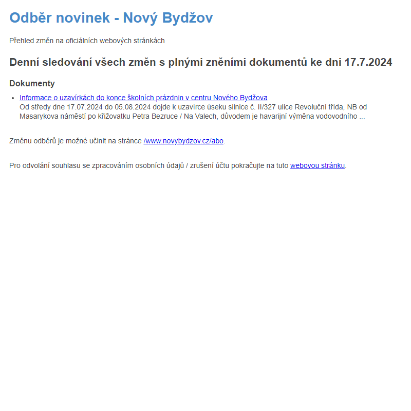 Odběr novinek ze dne 17.7.2024