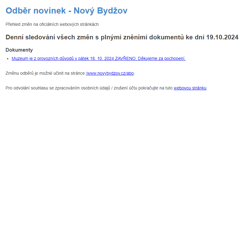 Odběr novinek ze dne 19.10.2024