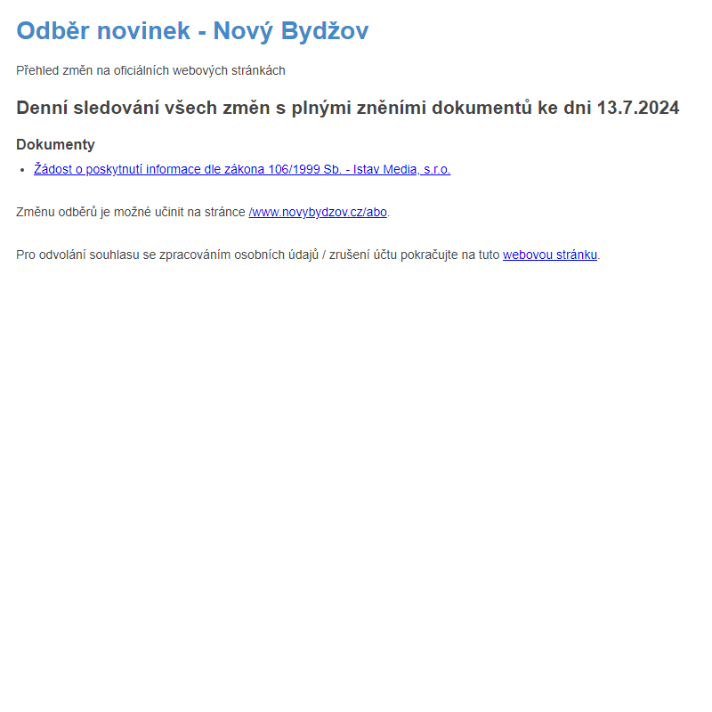 Odběr novinek ze dne 13.7.2024