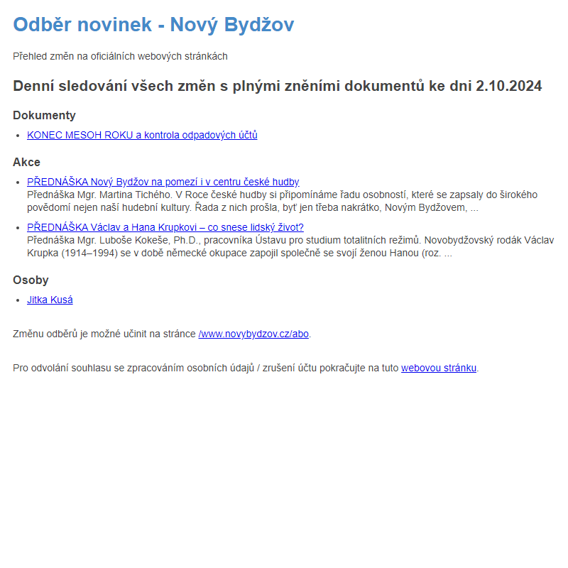 Odběr novinek ze dne 2.10.2024