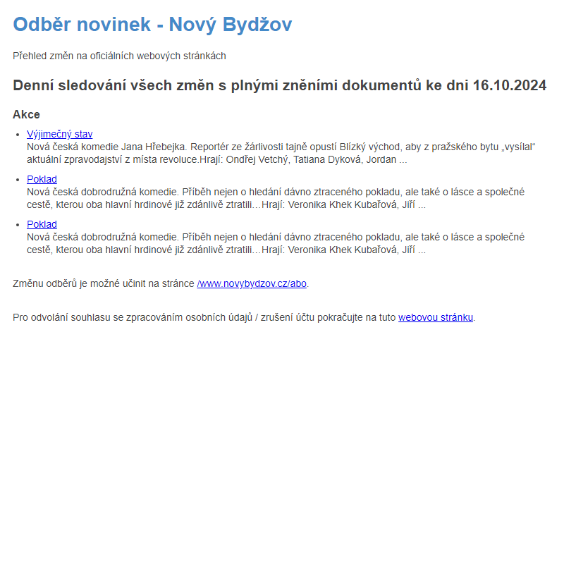 Odběr novinek ze dne 16.10.2024