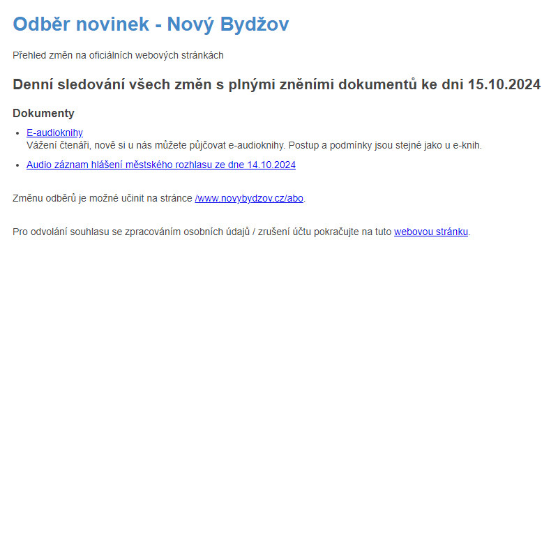 Odběr novinek ze dne 15.10.2024