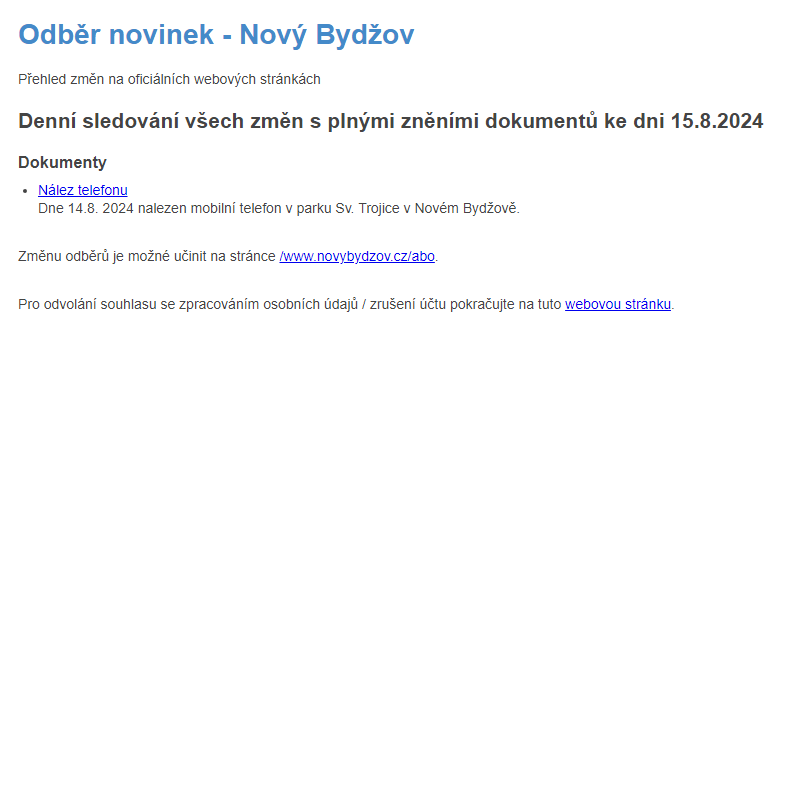 Odběr novinek ze dne 15.8.2024