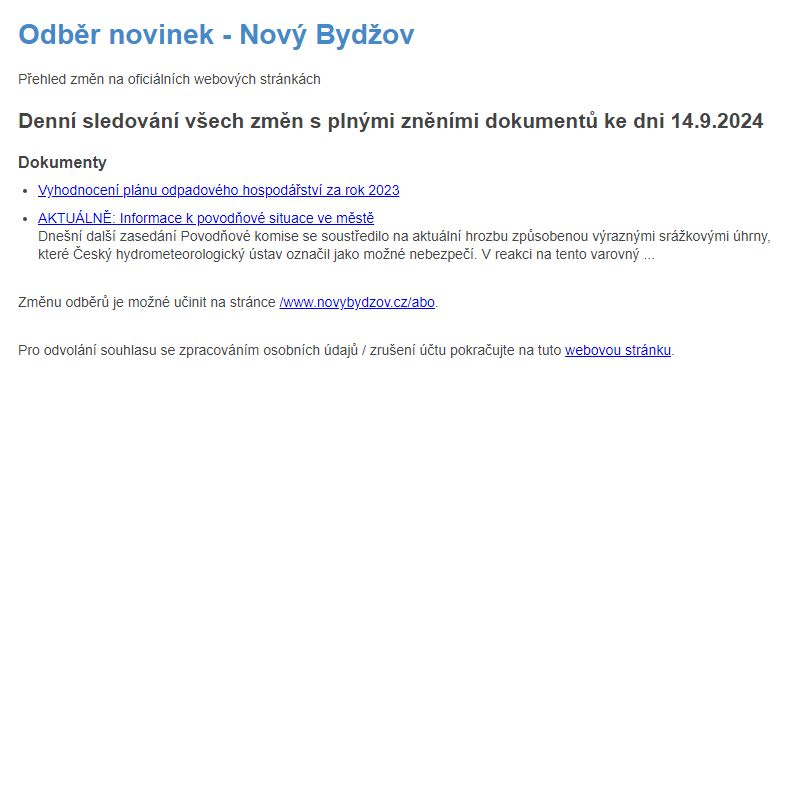 Odběr novinek ze dne 14.9.2024