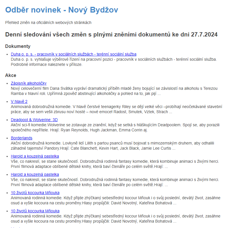 Odběr novinek ze dne 27.7.2024