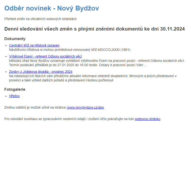 Odběr novinek ze dne 30.11.2024