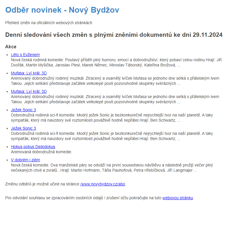 Odběr novinek ze dne 29.11.2024