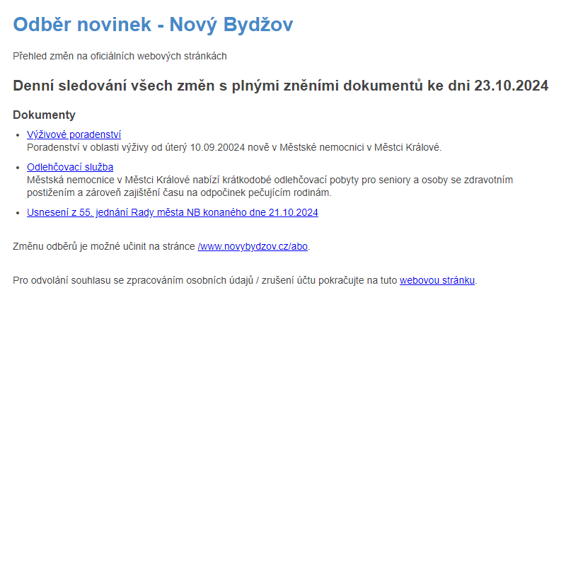 Odběr novinek ze dne 23.10.2024