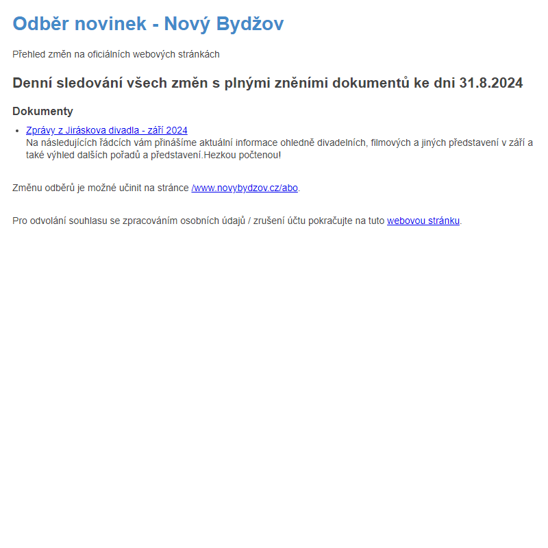 Odběr novinek ze dne 31.8.2024