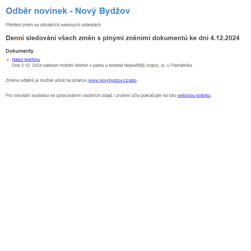 Odběr novinek ze dne 4.12.2024