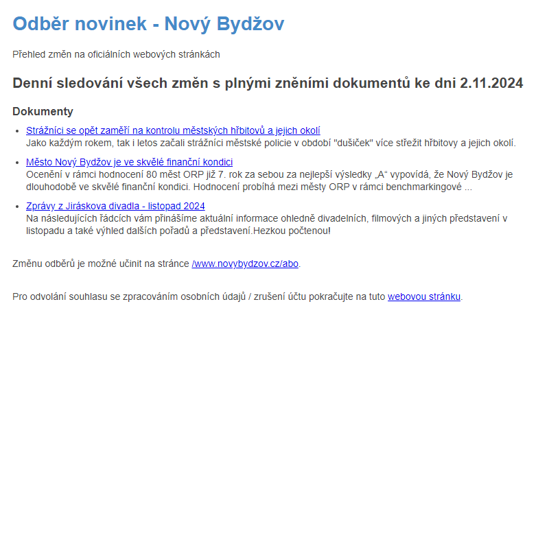 Odběr novinek ze dne 2.11.2024