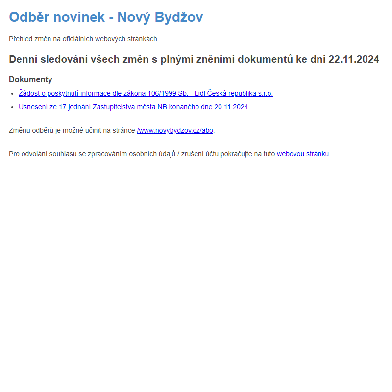 Odběr novinek ze dne 22.11.2024