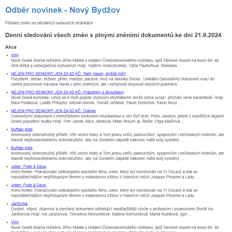 Odběr novinek ze dne 21.9.2024