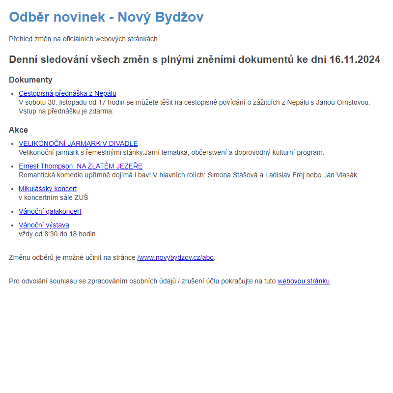 Odběr novinek ze dne 16.11.2024