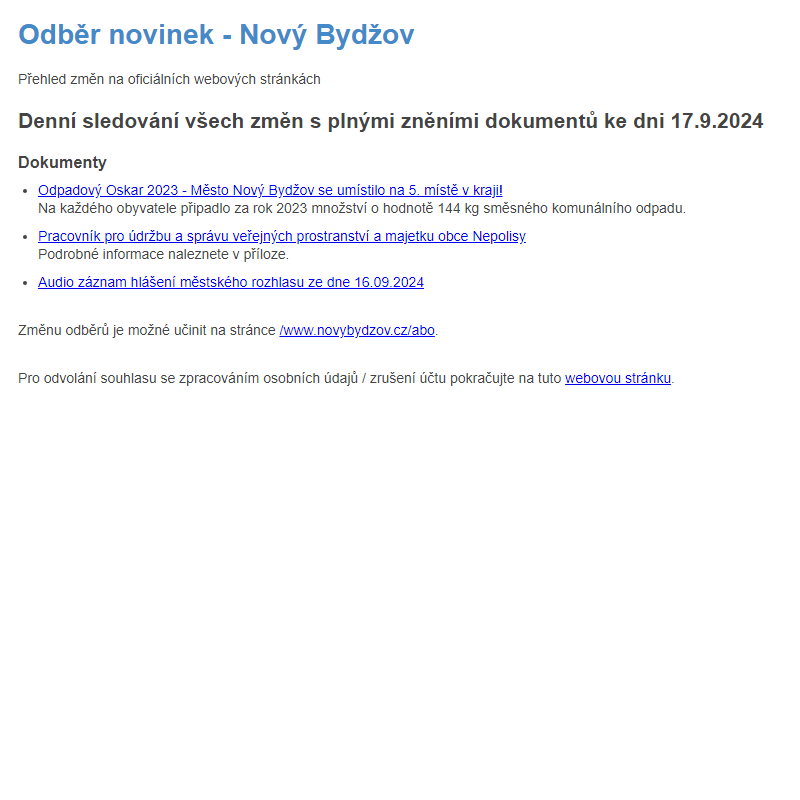 Odběr novinek ze dne 17.9.2024