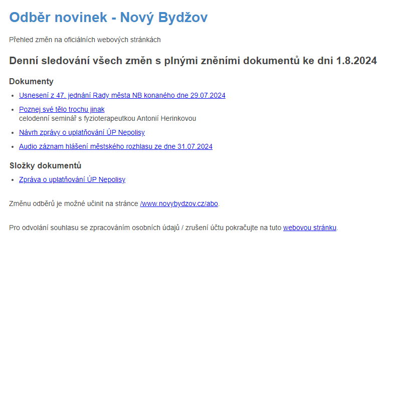 Odběr novinek ze dne 1.8.2024