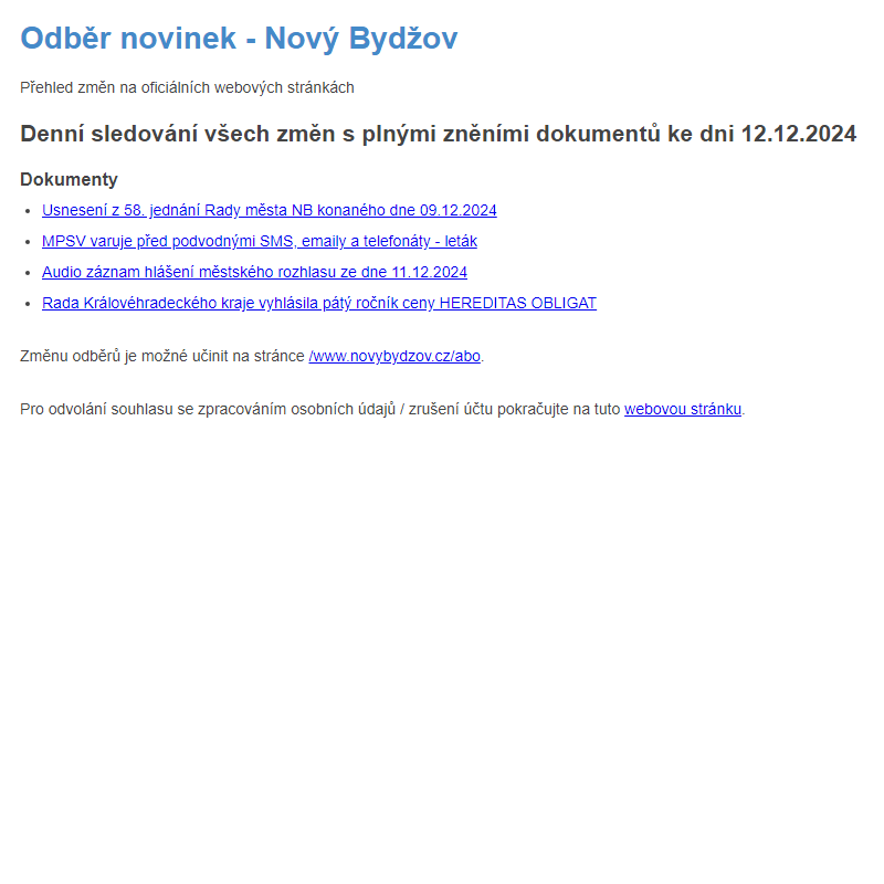 Odběr novinek ze dne 12.12.2024