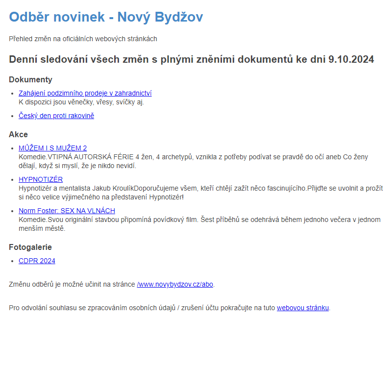 Odběr novinek ze dne 9.10.2024