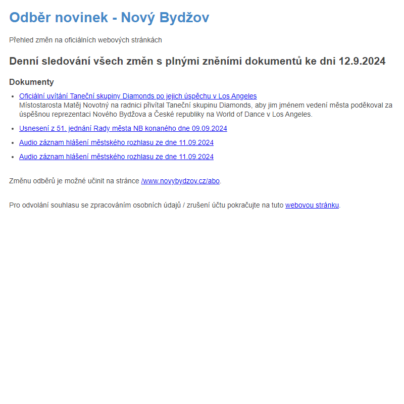 Odběr novinek ze dne 12.9.2024