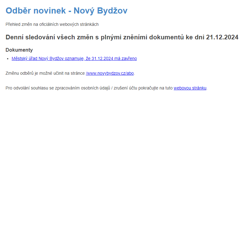 Odběr novinek ze dne 21.12.2024