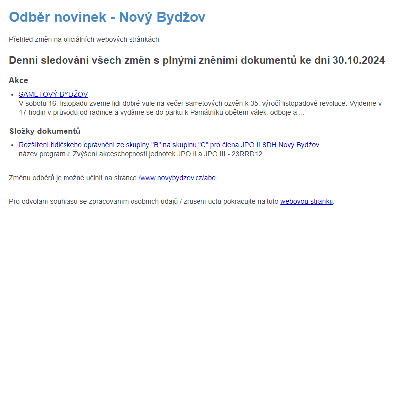 Odběr novinek ze dne 30.10.2024