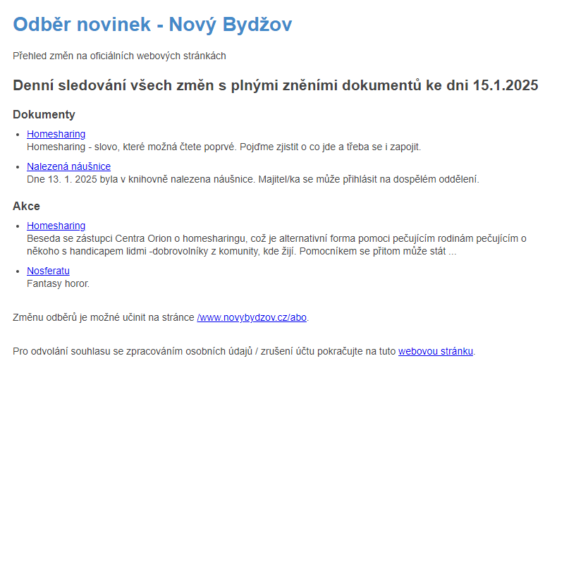 Odběr novinek ze dne 15.1.2025