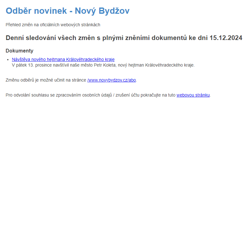 Odběr novinek ze dne 15.12.2024