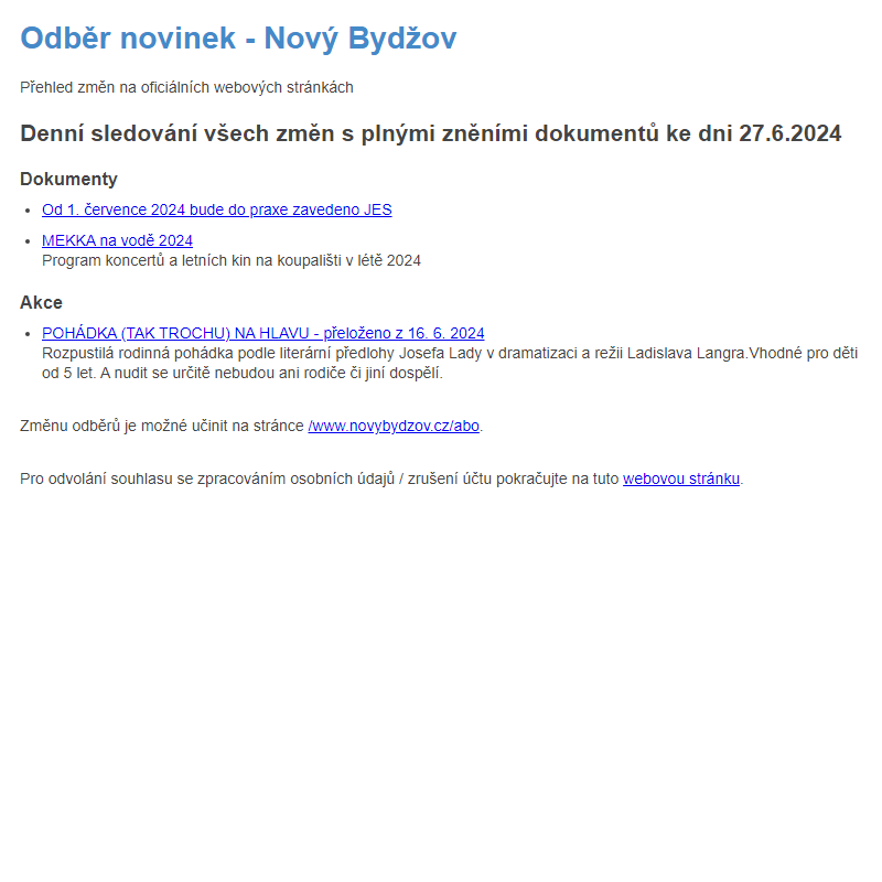 Odběr novinek ze dne 27.6.2024