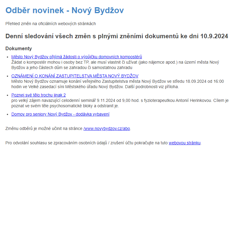 Odběr novinek ze dne 10.9.2024