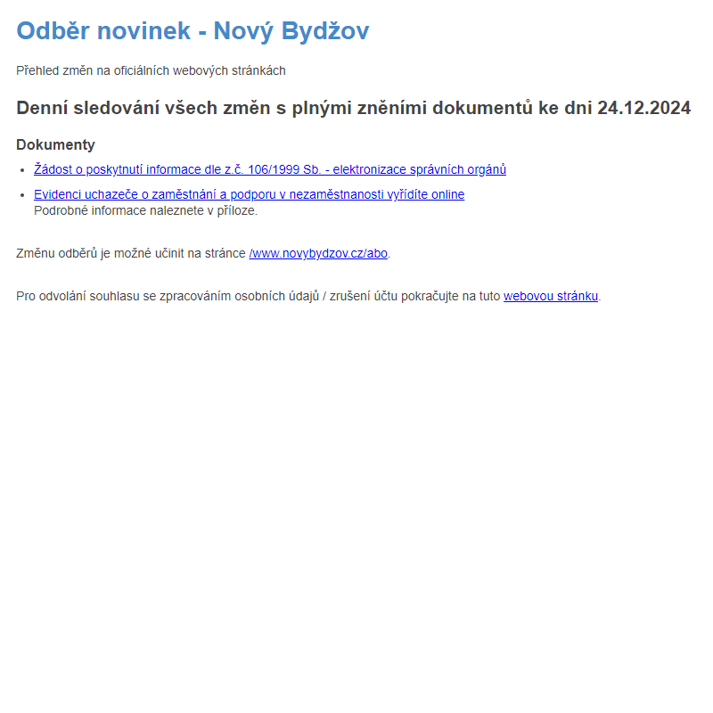 Odběr novinek ze dne 24.12.2024