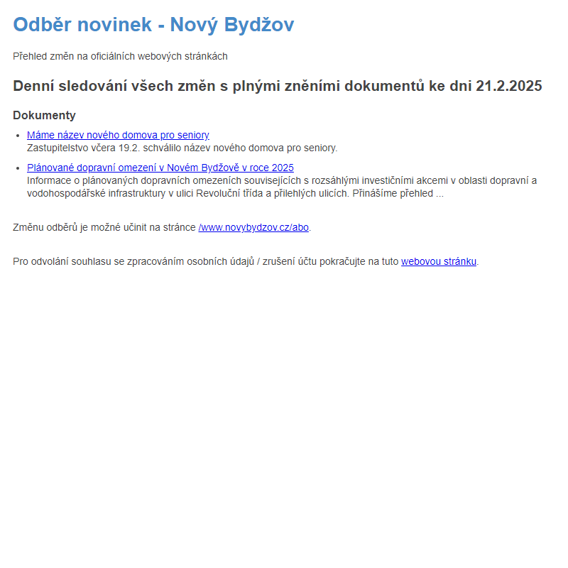 Odběr novinek ze dne 21.2.2025