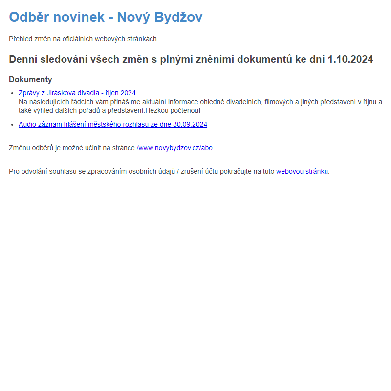 Odběr novinek ze dne 1.10.2024