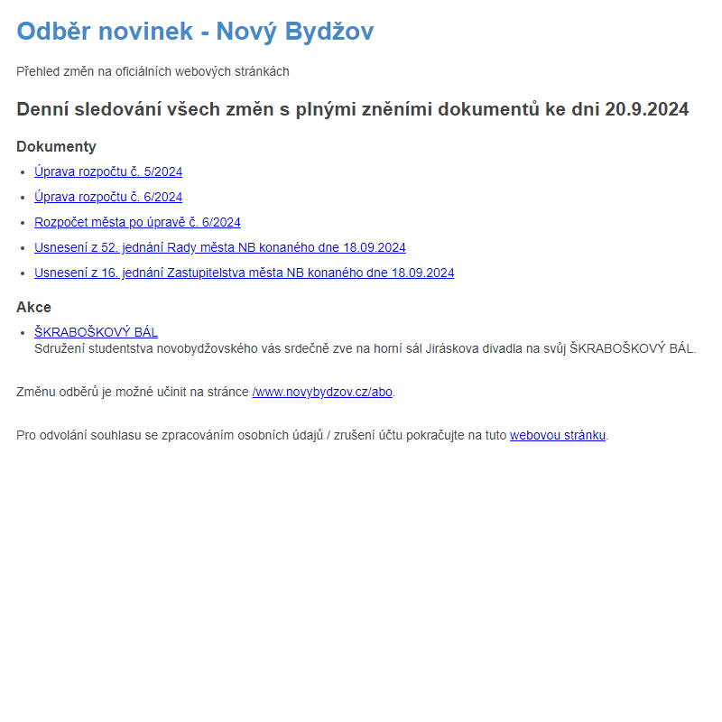 Odběr novinek ze dne 20.9.2024