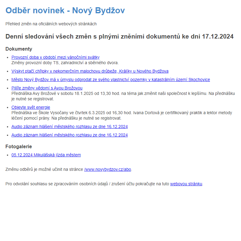 Odběr novinek ze dne 17.12.2024