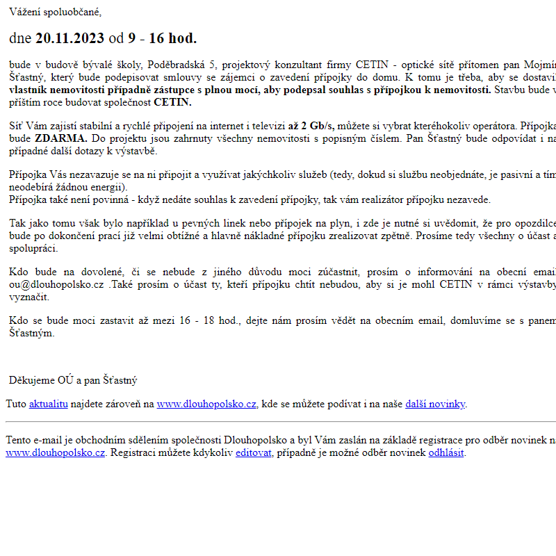 Cetin - optická síť - souhlas vlastníků nemovitostí