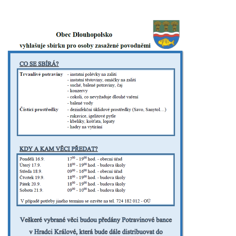 Sbírka potravin a čistících prostředků v naší obci