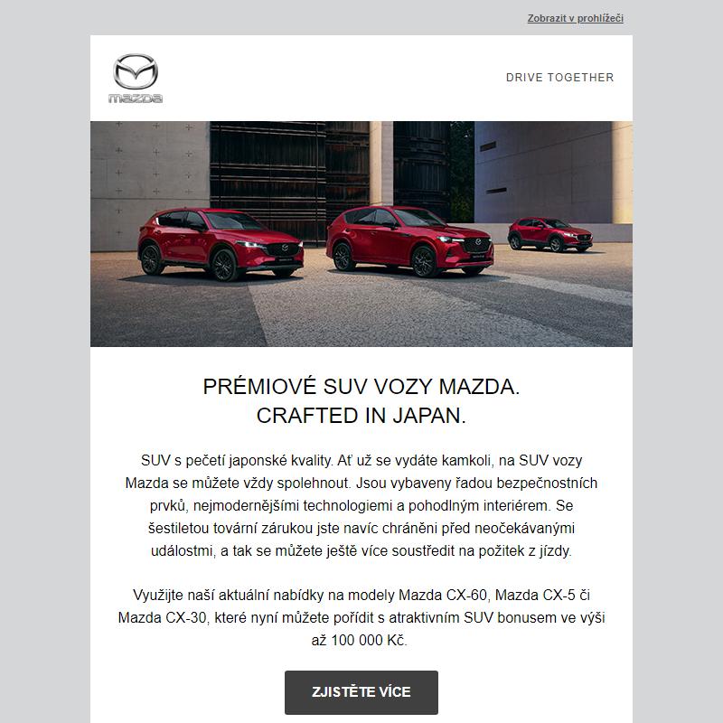 Prémiové vozy SUV Mazda s bonusem až 100 000 Kč.