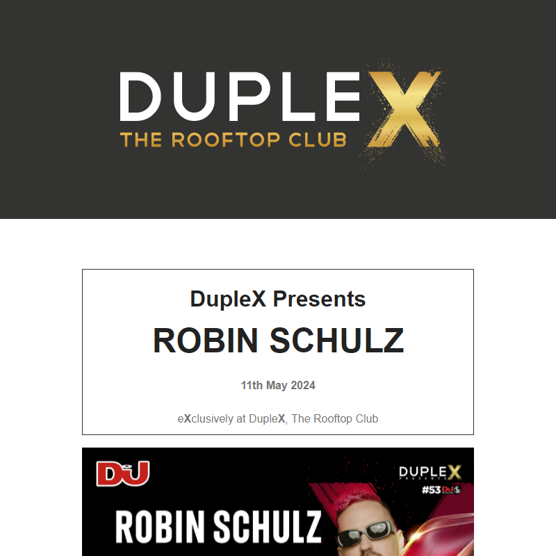 DupleX presents ROBIN SCHULZ - Saturday 11.5.2024