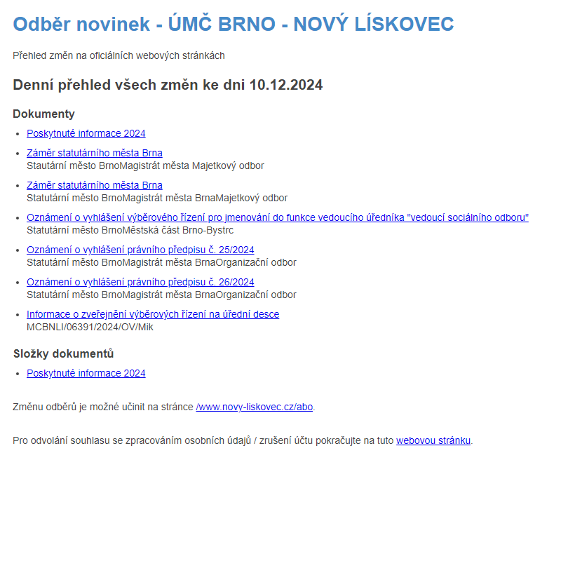 Odběr novinek ze dne 10.12.2024