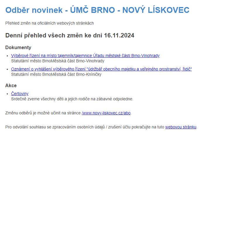 Odběr novinek ze dne 16.11.2024