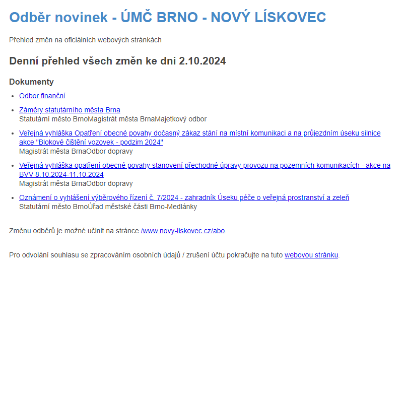 Odběr novinek ze dne 2.10.2024