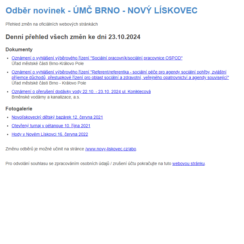 Odběr novinek ze dne 23.10.2024