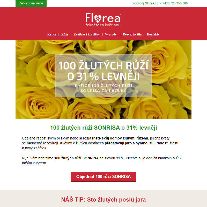 100 žlutých růží SONRISA o 31 % levněji