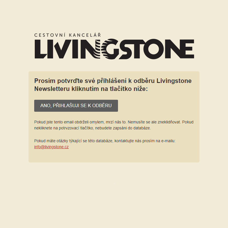 Livingstone Newsletter: Potvrďte své přihlášení