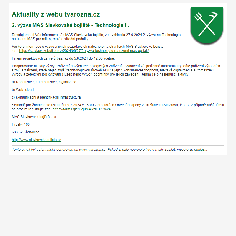 Aktuality z webu tvarozna.cz